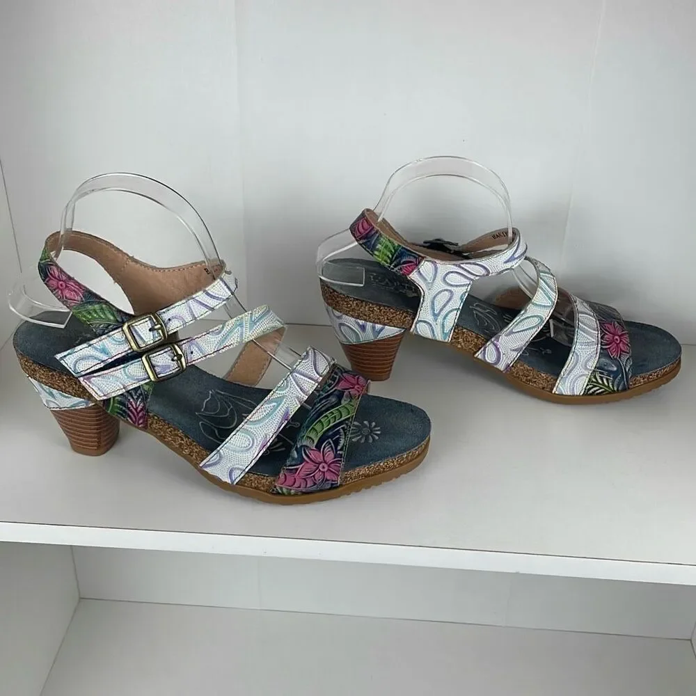 L’Artiste by Spring Step Bakiki Floral Embossed Leather Strappy Sandals 42
